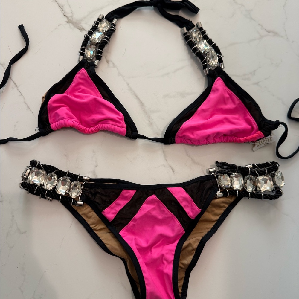 Beach Bunny Black & Hot Pink Jeweled Triangle Bikini - NEEDS REPAIR